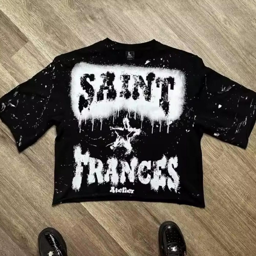Black Graphic Tee with White Text and Star Design